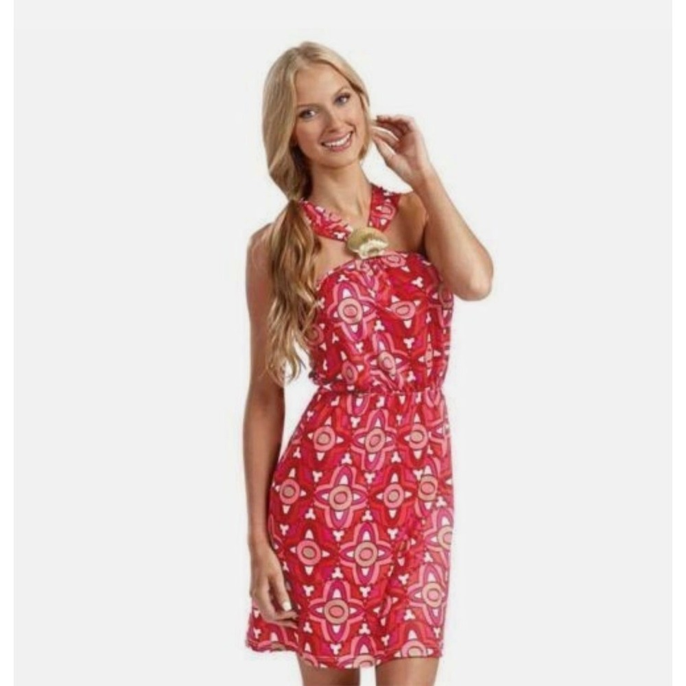 Mud Pie Pink Orange Geometric Medallion Mini Dress‎ Gold Seashell Detail Small